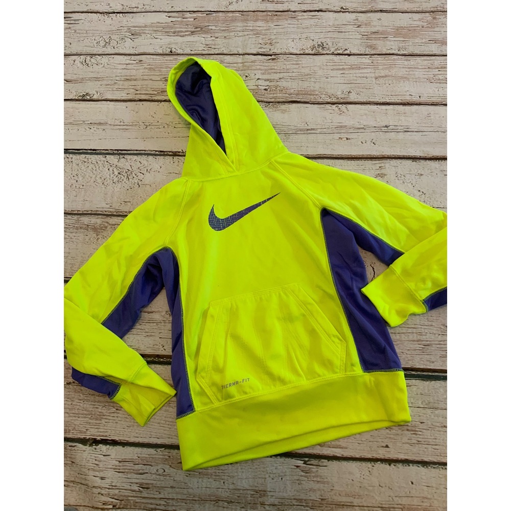 Nike Therma-FIT Kids Hoodie Neon Yellow Blue Pullover Sweatshirt Small
